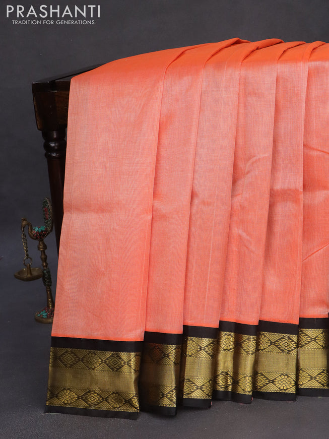 Kuppadam silk cotton saree peach orange and black with plain body and zari woven border