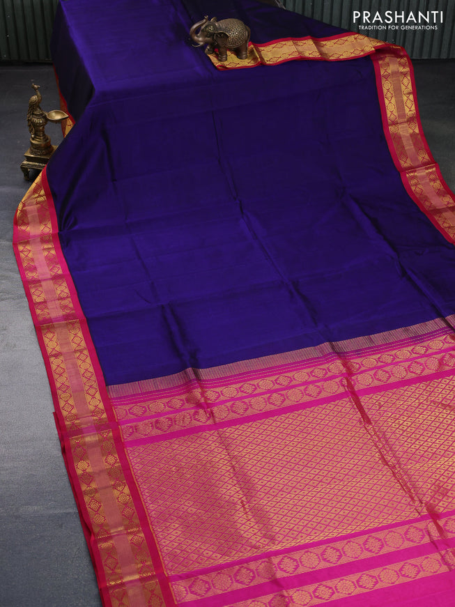 Kuppadam silk cotton saree blue and pink with plain body and zari woven border