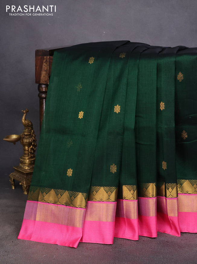 Kuppadam silk cotton saree dark green and light pink with zari woven buttas and zari woven simple border