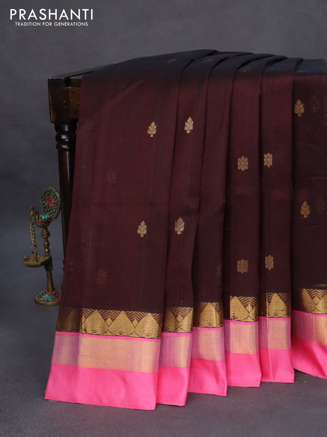 Kuppadam silk cotton saree coffee brown and pink with zari woven buttas and zari woven simple border