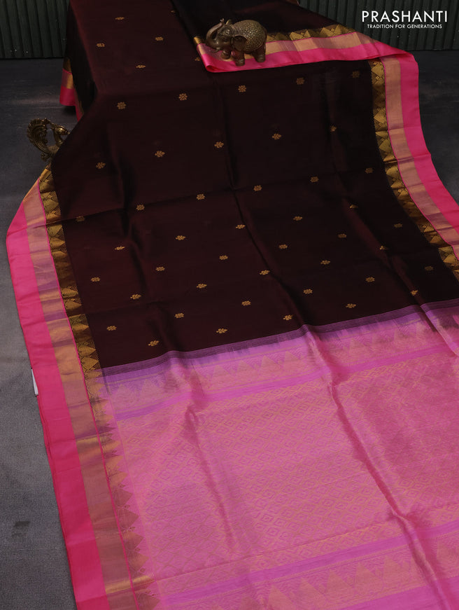 Kuppadam silk cotton saree coffee brown and pink with zari woven buttas and zari woven simple border