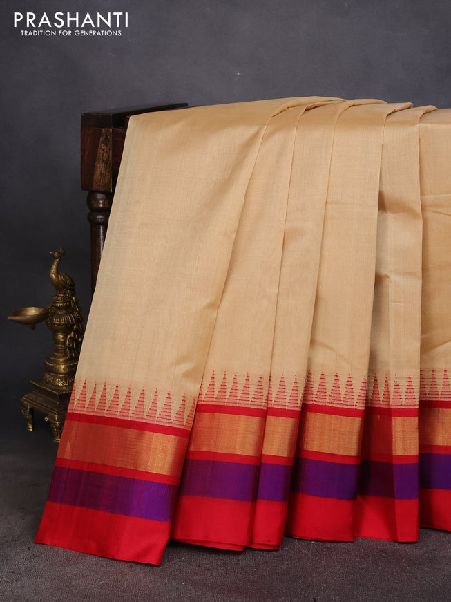 Kuppadam silk cotton saree sandal and red with plain body and temple design zari woven border