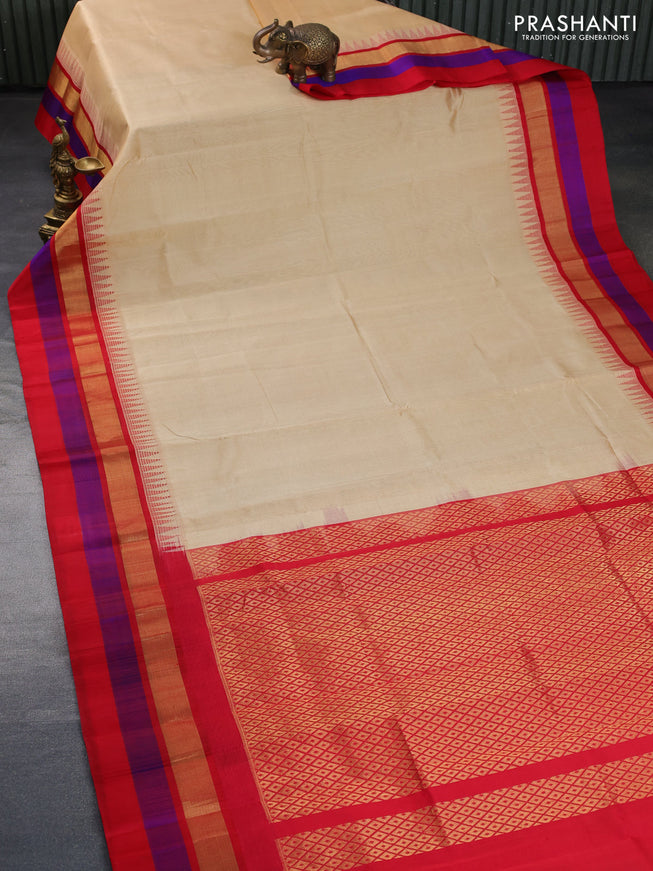 Kuppadam silk cotton saree sandal and red with plain body and temple design zari woven border