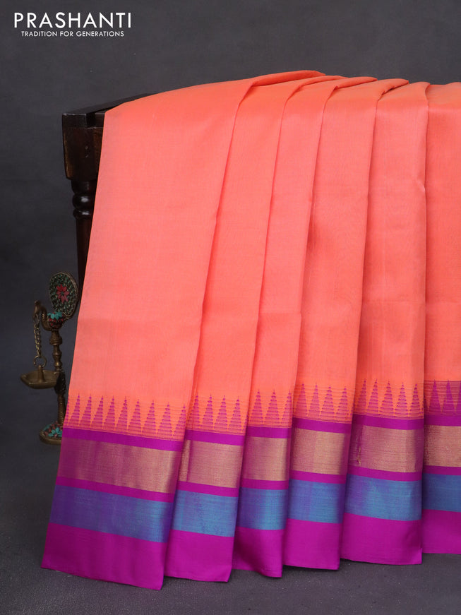 Kuppadam silk cotton saree peach orange and purple with plain body and temple design zari woven border