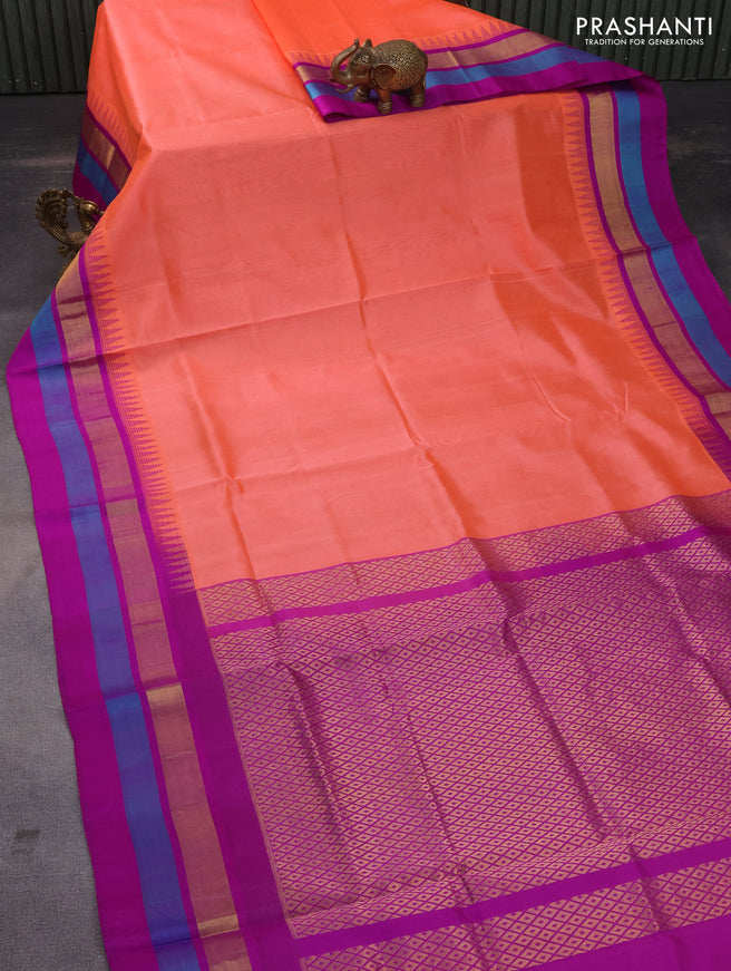 Kuppadam silk cotton saree peach orange and purple with plain body and temple design zari woven border