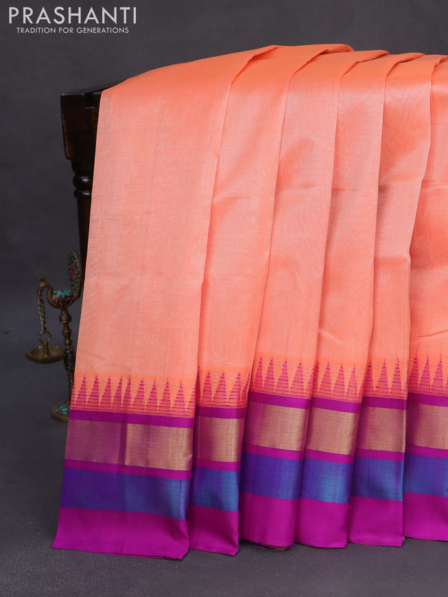 Kuppadam silk cotton saree peach orange and purple with plain body and temple design zari woven border