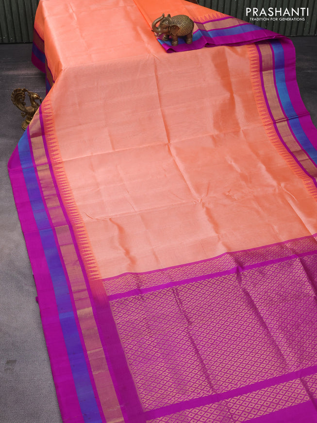 Kuppadam silk cotton saree peach orange and purple with plain body and temple design zari woven border