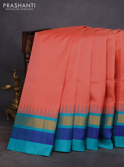 Kuppadam silk cotton saree peach shade and teal blue with plain body and temple design zari woven border