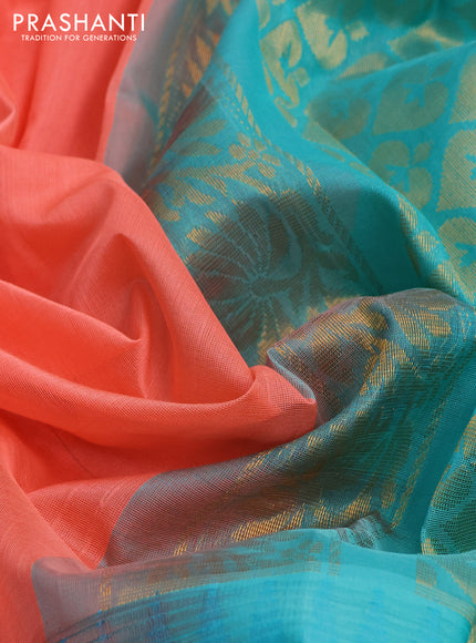 Kuppadam silk cotton saree peach shade and teal blue with plain body and temple design zari woven border