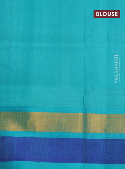 Kuppadam silk cotton saree peach shade and teal blue with plain body and temple design zari woven border