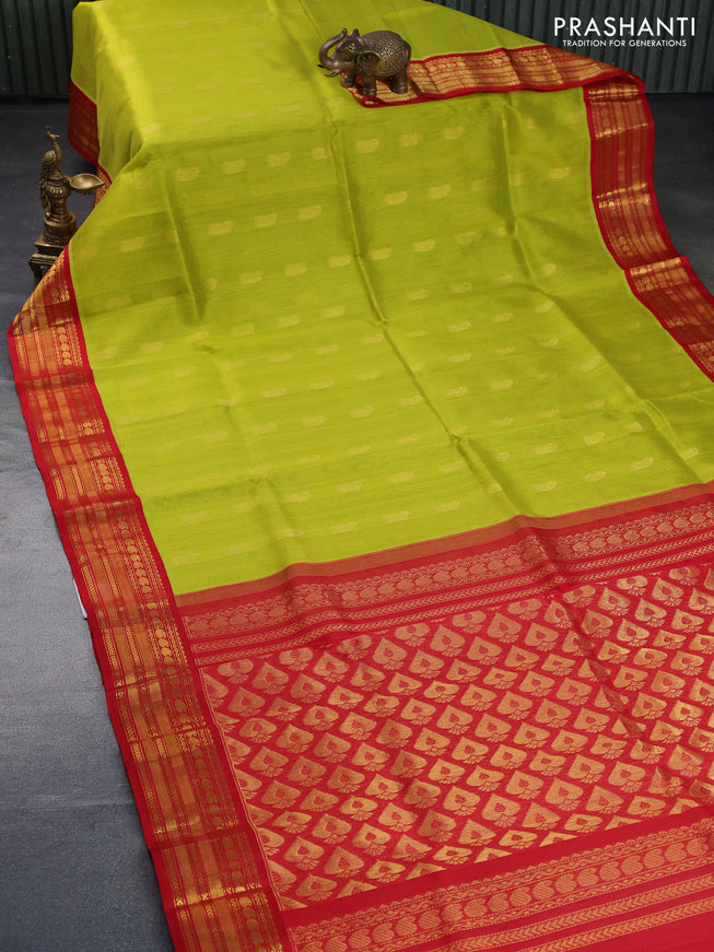 Kuppadam silk cotton saree lime yellow and red with allover zari woven paisley buttas and zari woven border