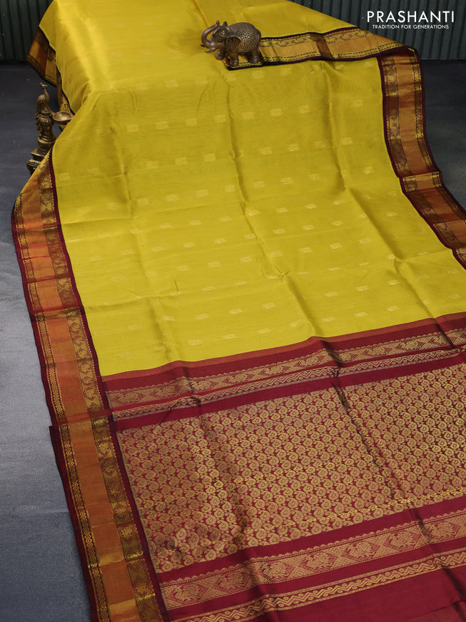 Kuppadam silk cotton saree lime yellow and maroon with zari woven annam buttas and zari woven border