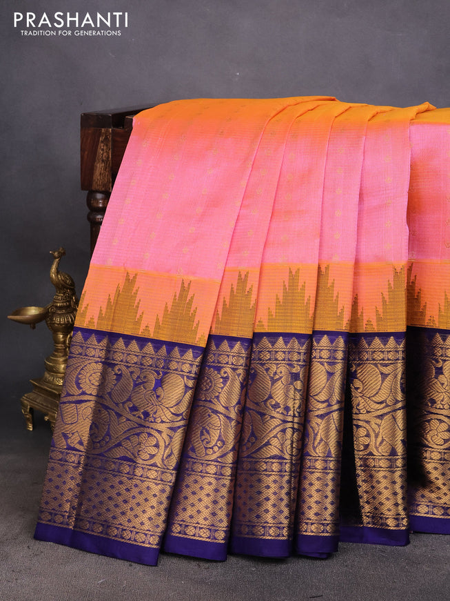 Kuppadam silk cotton saree dual shade of pink and blue with zari woven checks & buttas and long zari woven border