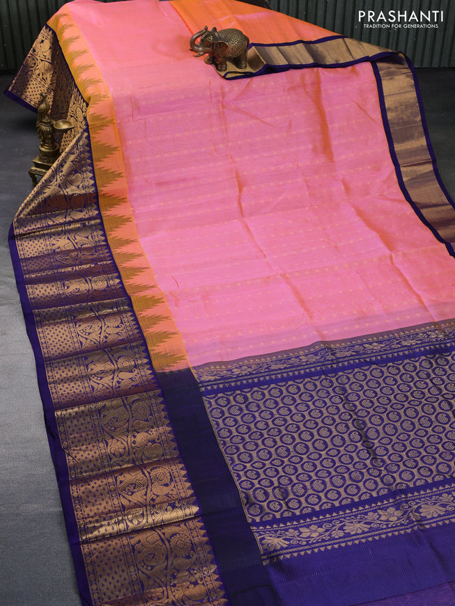 Kuppadam silk cotton saree dual shade of pink and blue with zari woven checks & buttas and long zari woven border