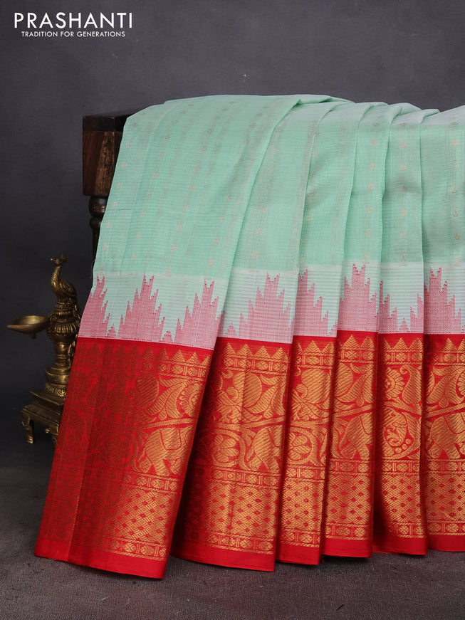 Kuppadam silk cotton saree teal blue shade and red with zari woven checks & buttas and long zari woven border