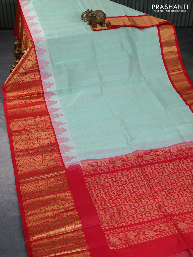 Kuppadam silk cotton saree teal blue shade and red with zari woven checks & buttas and long zari woven border