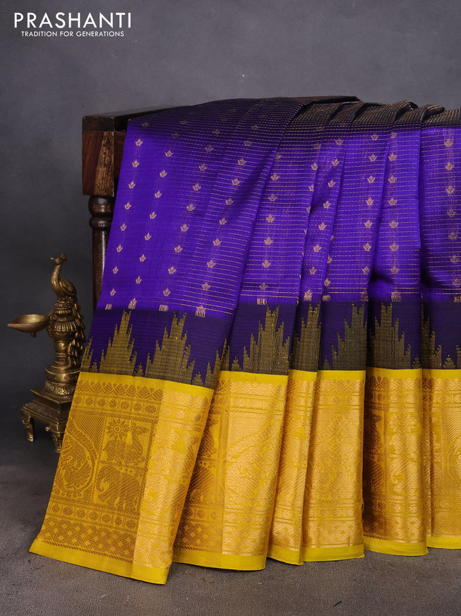 Kuppadam silk cotton saree blue and lime yellow with zari woven checks & buttas and long zari woven border