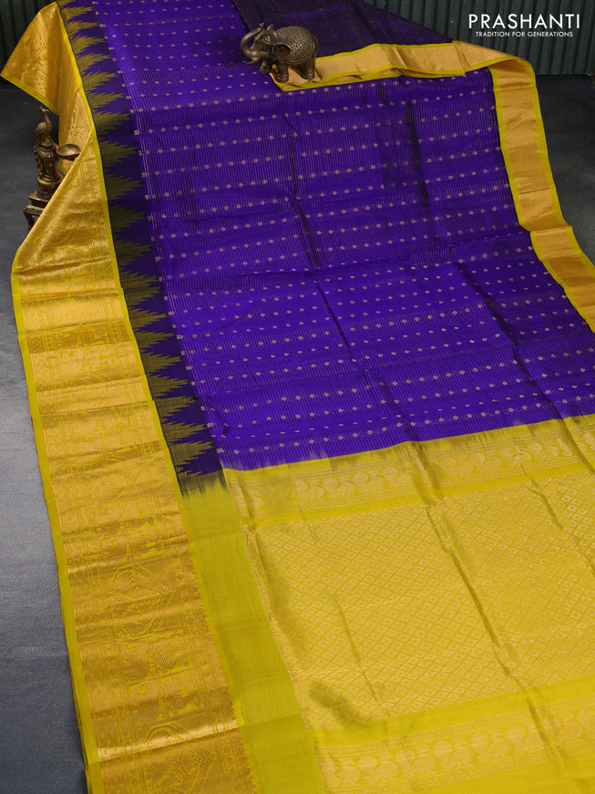 Kuppadam silk cotton saree blue and lime yellow with zari woven checks & buttas and long zari woven border