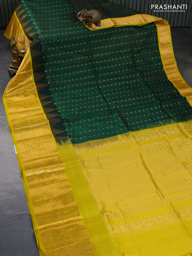 Kuppadam silk cotton saree green and lime yellow with zari woven checks & buttas and long zari woven border