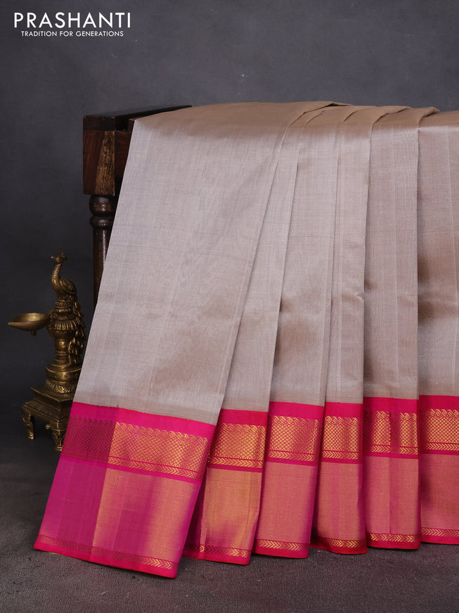 Kuppadam silk cotton saree pastel grey and pink with plain body and zari woven border