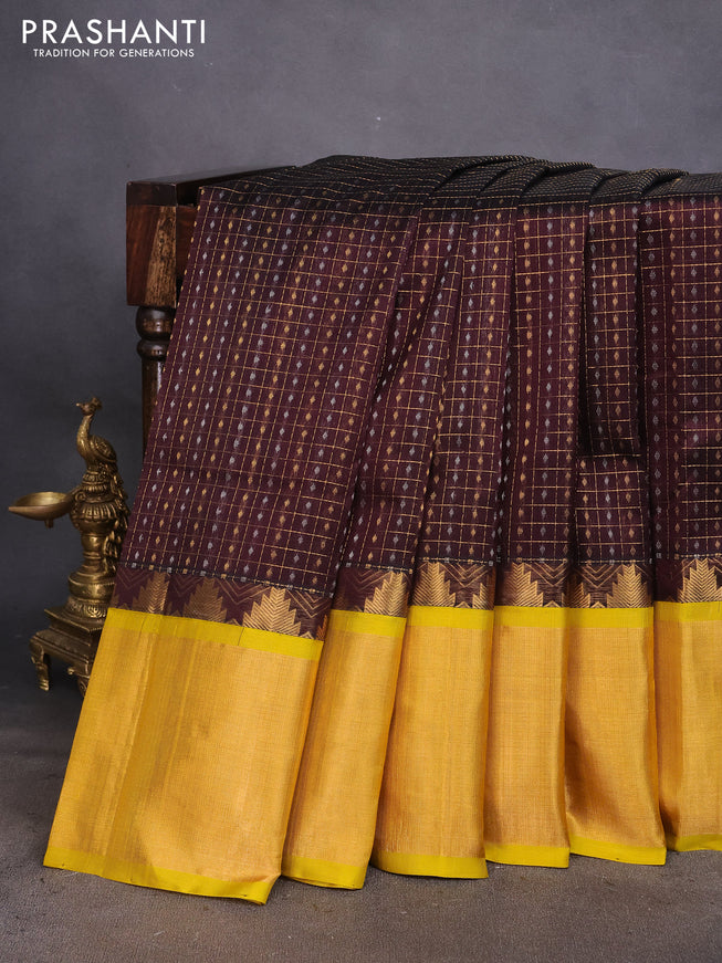 Kuppadam silk cotton saree deep coffee brown and lime yellow with zari woven checks & buttas and long temple design zari woven border