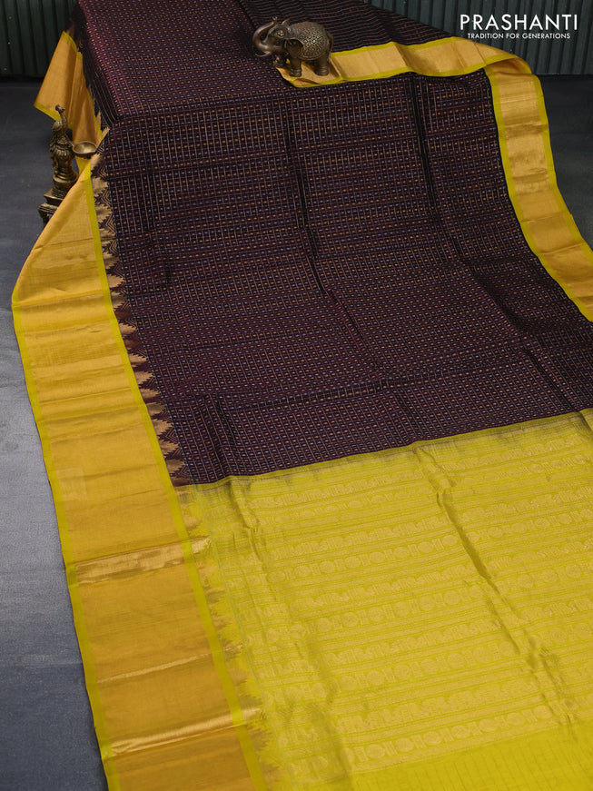 Kuppadam silk cotton saree deep coffee brown and lime yellow with zari woven checks & buttas and long temple design zari woven border