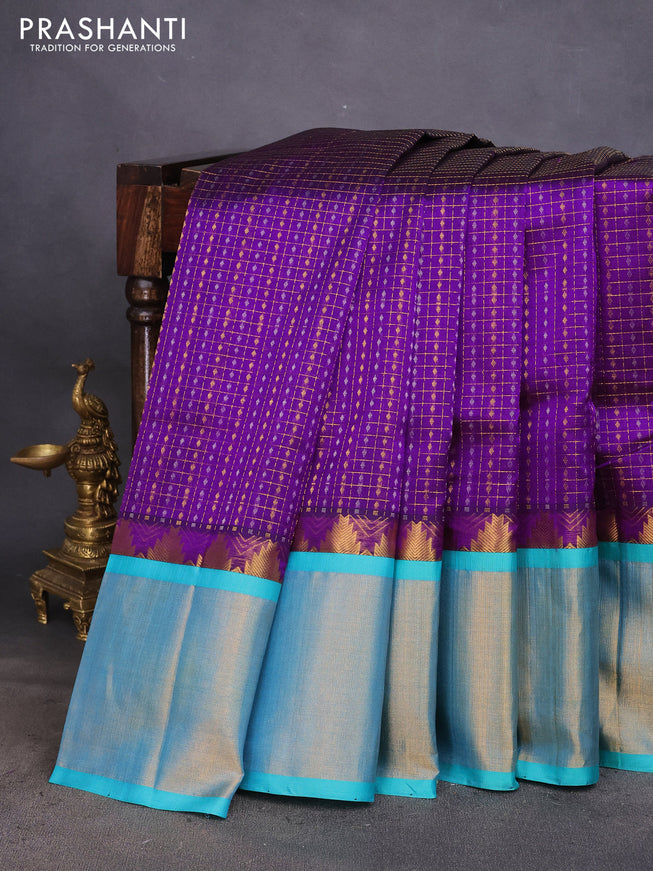 Kuppadam silk cotton saree purple and teal blue with zari woven checks & buttas and long temple design zari woven border