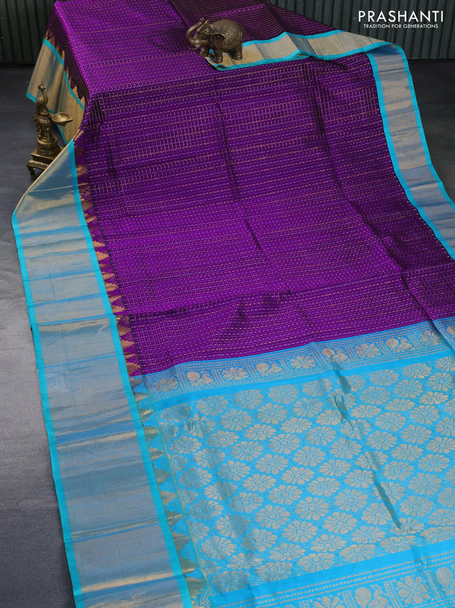 Kuppadam silk cotton saree purple and teal blue with zari woven checks & buttas and long temple design zari woven border