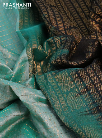 Kuppadam silk cotton saree teal green shade and black with zari woven checks & buttas and long temple design zari woven border