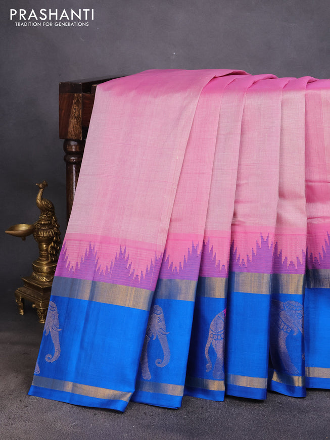 Kuppadam silk cotton saree baby pink and cs blue with plain body and temple design rettapet zari woven elephant butta border