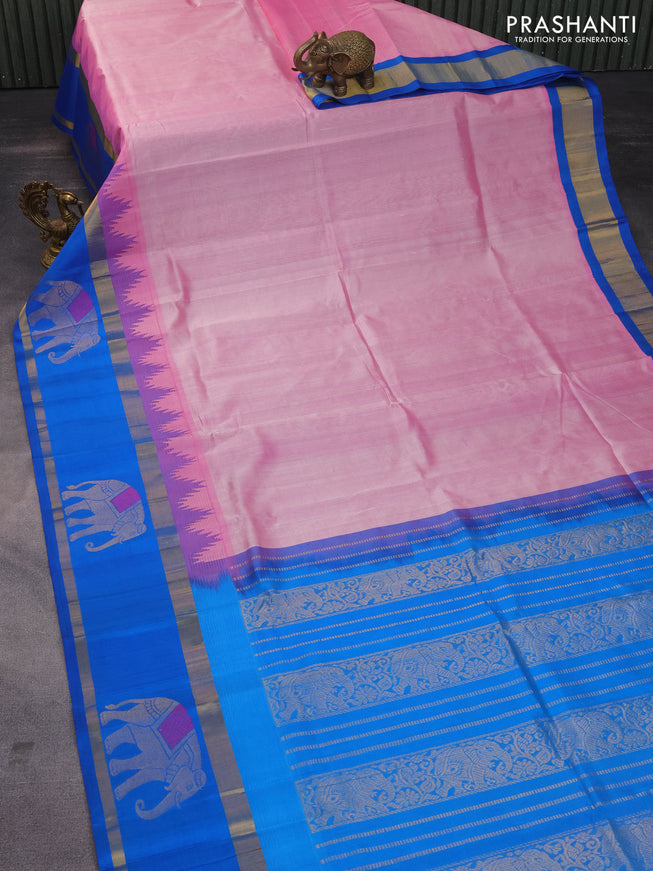 Kuppadam silk cotton saree baby pink and cs blue with plain body and temple design rettapet zari woven elephant butta border