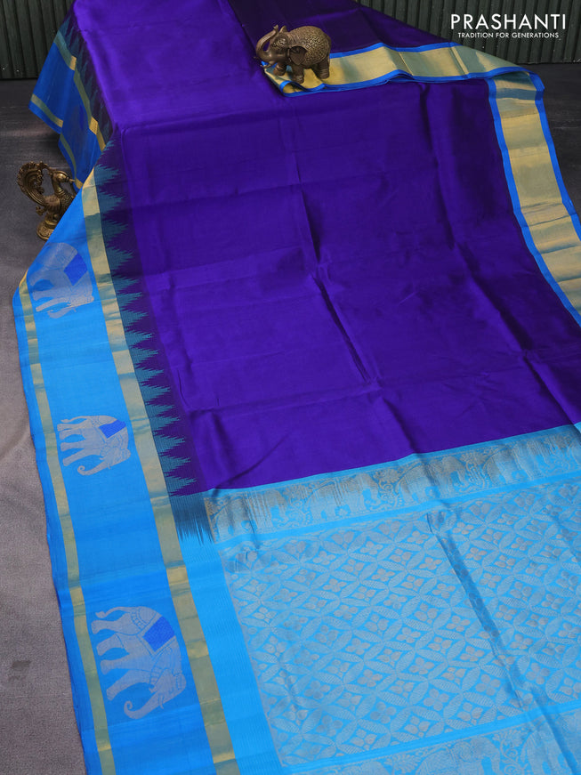 Kuppadam silk cotton saree blue and cs blue with plain body and temple design rettapet zari woven elephant butta border