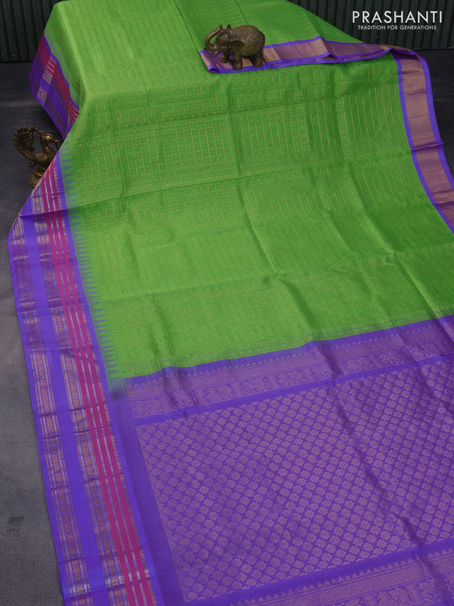 Kuppadam silk cotton saree light green and lavender with zari woven checks & buttas and temple design zari woven border