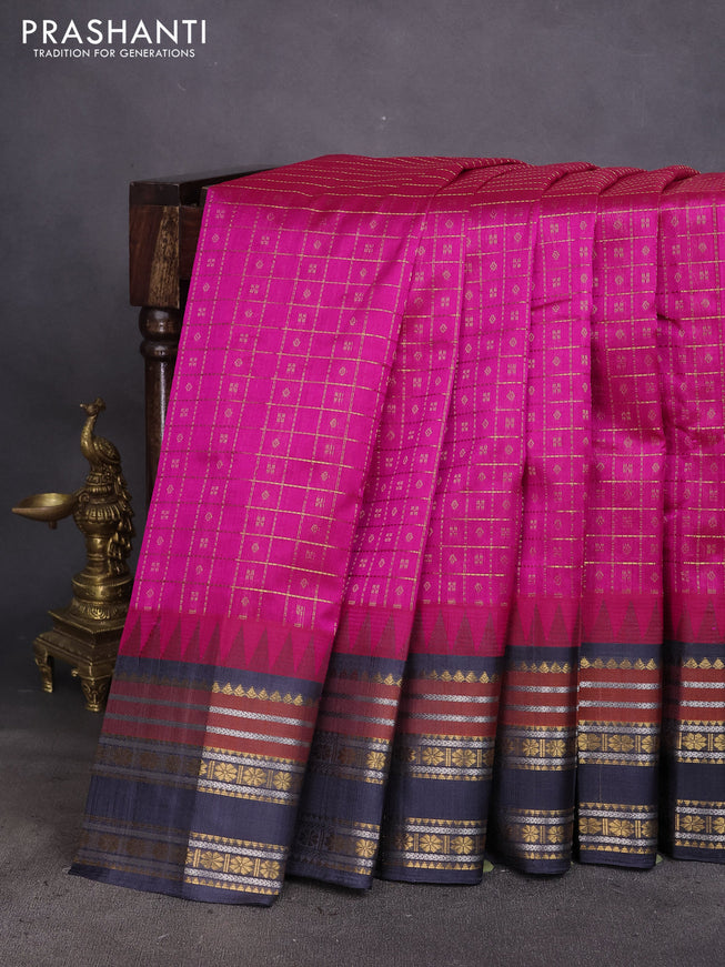 Kuppadam silk cotton saree pink and dark grey with allover zari checked pattern and temple design zari woven border