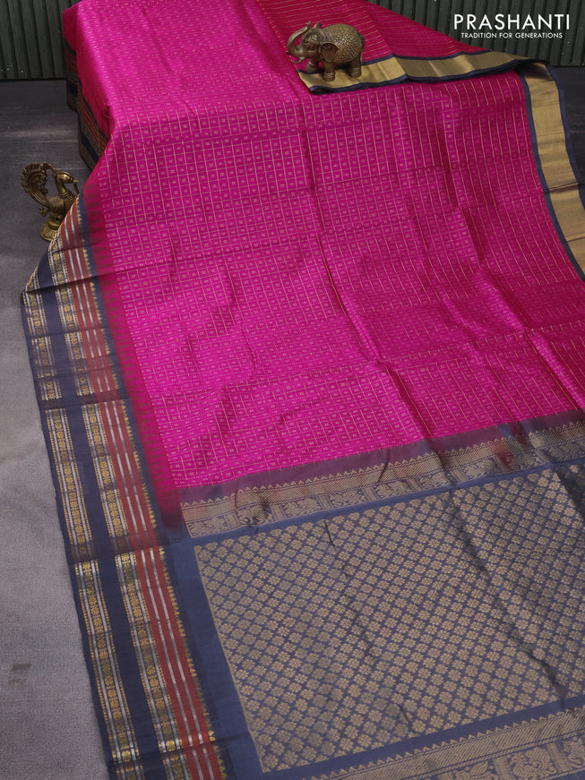 Kuppadam silk cotton saree pink and dark grey with allover zari checked pattern and temple design zari woven border