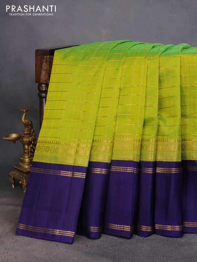 Kuppadam silk cotton saree lime green and navy blue with allover zari checked pattern and rettapet zari woven border