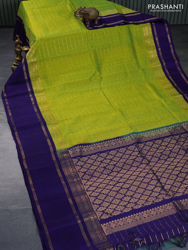 Kuppadam silk cotton saree lime green and navy blue with allover zari checked pattern and rettapet zari woven border