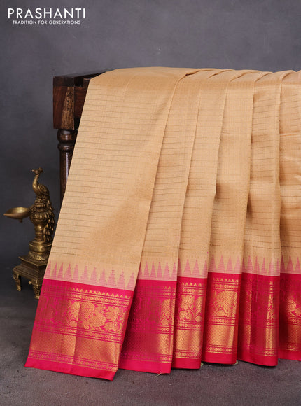 Kuppadam silk cotton saree sandal and pink with zari woven checks & buttas and temple design rich zari woven border