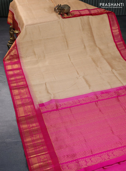 Kuppadam silk cotton saree sandal and pink with zari woven checks & buttas and temple design rich zari woven border