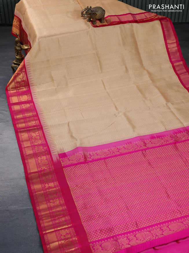 Kuppadam silk cotton saree sandal and pink with zari woven checks & buttas and temple design rich zari woven border