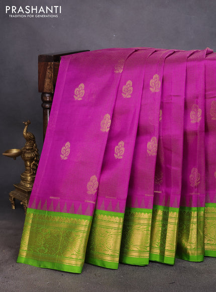 Kuppadam silk cotton saree purple and light green with zari woven checks & buttas and temple design rich zari woven border