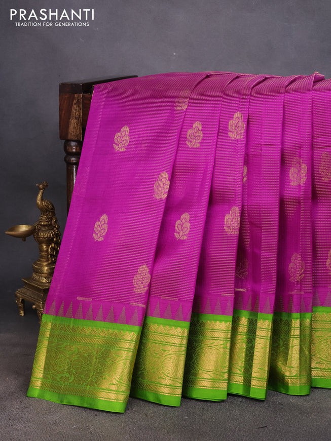 Kuppadam silk cotton saree purple and light green with zari woven checks & buttas and temple design rich zari woven border