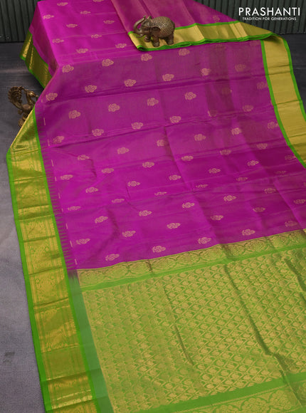 Kuppadam silk cotton saree purple and light green with zari woven checks & buttas and temple design rich zari woven border