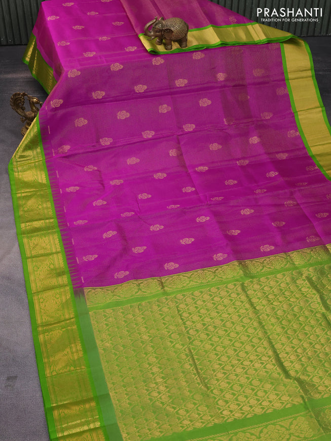 Kuppadam silk cotton saree purple and light green with zari woven checks & buttas and temple design rich zari woven border