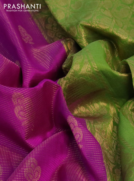 Kuppadam silk cotton saree purple and light green with zari woven checks & buttas and temple design rich zari woven border