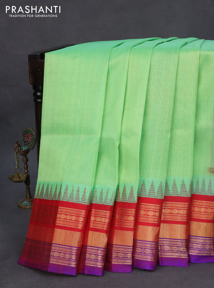 Kuppadam silk cotton saree teal shade shade and red with plain body and long zari woven border