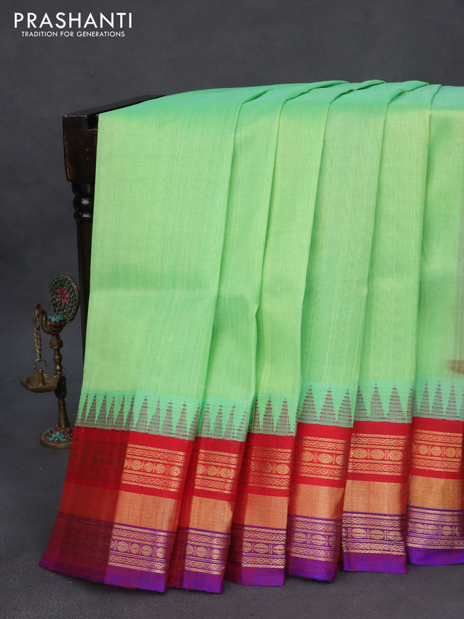 Kuppadam silk cotton saree teal shade shade and red with plain body and long zari woven border