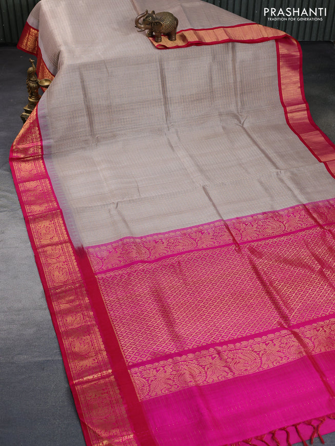 Kuppadam silk cotton saree grey and pink with zari woven checks & buttas and zari woven border