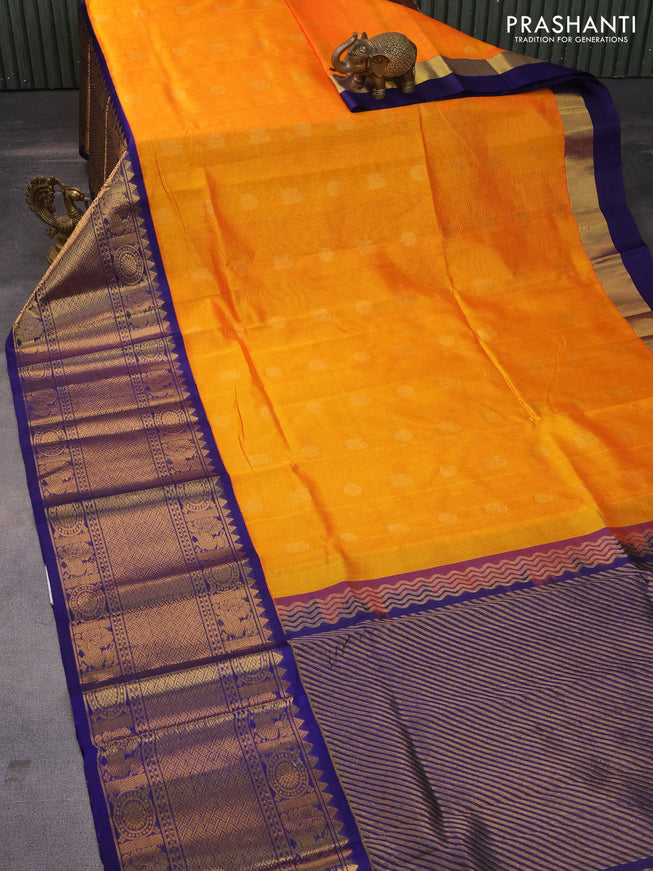 Kuppadam silk cotton saree orange and blue with zari woven checks & buttas and long zari woven border