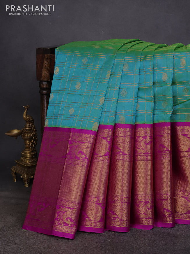 Kuppadam silk cotton saree dual shade of teal bluish green and purple with zari woven checks & buttas and long zari woven border